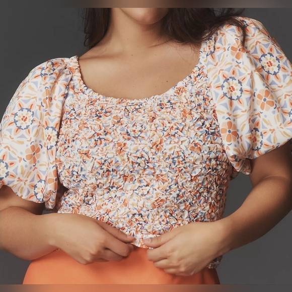 Anthropologie Tops - DOLAN Anthropologie Off-Shoulder Puff Sleeve Textured Top, Orange Pattern, XL